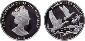 Bahamas Commonwealth Elizabeth II 25 Dollars 1994 (Mintage 15000) Conservation, Endangered Wildlife, Black-billed Whistling Duck Silver PF 23.3g KM# 1...