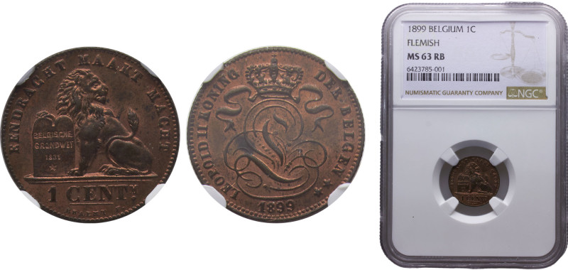 Belgium Kingdom Leopold II 1 Centime 1899 Brussels mint Dutch text Copper NGC MS...