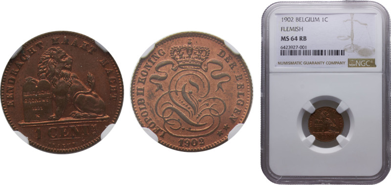 Belgium Kingdom Leopold II 1 Centime 1902 Brussels mint Dutch text Copper NGC MS...