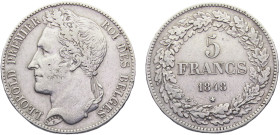 Belgium Kingdom Leopold I 5 Francs 1848 Brussels mint Silver XF 25g KM# 3