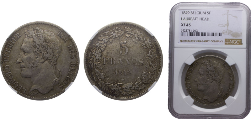 Belgium Kingdom Leopold I 5 Francs 1849 Brussels mint Silver NGC XF45 KM# 3