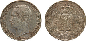 Belgium Kingdom Leopold I 5 Francs 1865 Brussels mint Silver XF 25g KM# 17