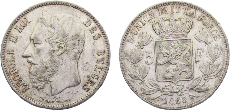 Belgium Kingdom Leopold II 5 Francs 1868 Brussels mint Silver AU 25g KM# 24