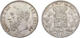Belgium Kingdom Leopold II 5 Francs 1868 Brussels mint Silver AU 25g KM# 24