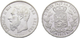Belgium Kingdom Leopold II 5 Francs 1869 Brussels mint Silver AU 25g KM# 24