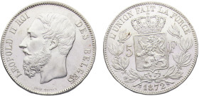 Belgium Kingdom Leopold II 5 Francs 1872 Brussels mint Silver AU 25g KM# 24
