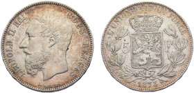 Belgium Kingdom Leopold II 5 Francs 1873 Brussels mint Silver UNC 25g KM# 24