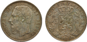 Belgium Kingdom Leopold II 5 Francs 1875 Brussels mint Silver AU 25g KM# 24
