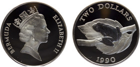Bermuda British colony Elizabeth II 2 Dollars 1990 (Mintage 3000) Conservation, Tree Frog Silver PF 28.6g KM# 65