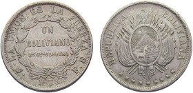 Bolivia Republic 1 Boliviano 1873 PTS FE Potosi mint Scratches Silver AU 25g KM#160.1