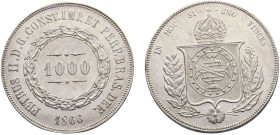 Brazil Empire Pedro II 1000 Reis 1866 Silver AU 12.7g KM# 465