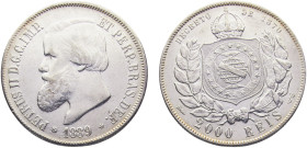 Brazil Empire Pedro II 2000 Reis 1889 Silver XF 25.6g KM# 485
