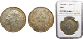 Bulgaria Principality Ferdinand I 5 Leva 1894 КБ Kremnica mint Silver NGC AU50 KM# 18
