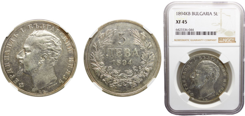 Bulgaria Principality Ferdinand I 5 Leva 1894 КБ Kremnica mint Silver NGC XF45 K...