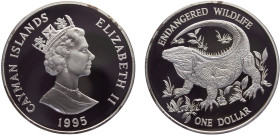Cayman Islands British colony Elizabeth II 1 Dollar 1995 (Mintage 10000) Conservation, Endangered Wildlife Series, Blue Rock Iguana Silver PF 28.4g KM...