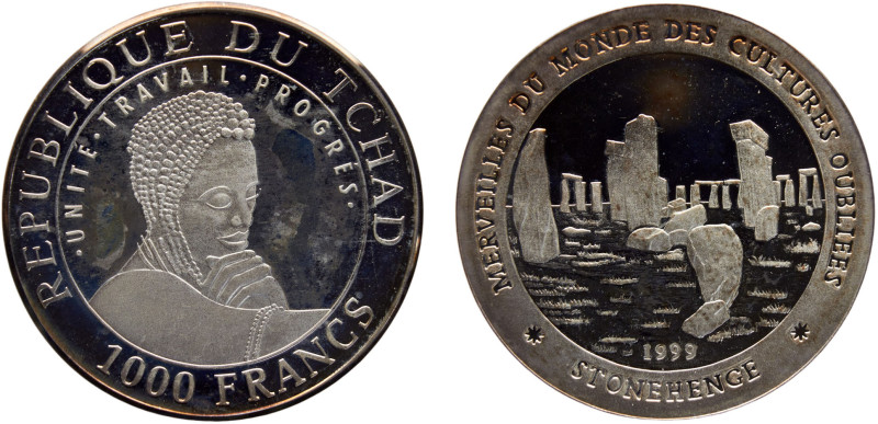 Chad Republic 1000 Francs Stonehenge 1999 (Mintage 2950) Stonehenge Silver PF 15...