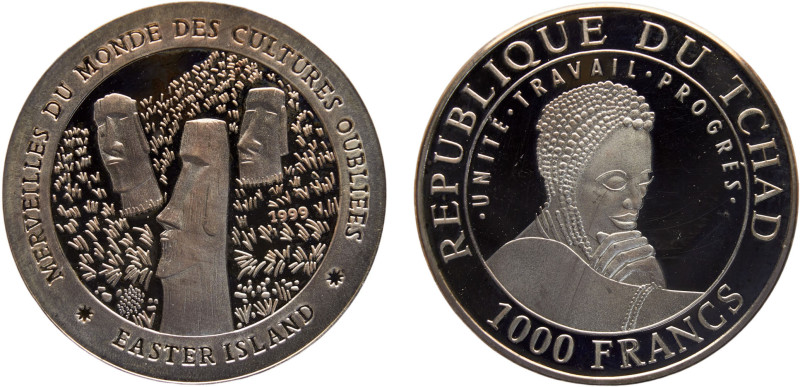 Chad Republic 1000 Francs Stonehenge 1999 Easter Island Silver PF 15.2g Schön# 2...