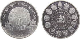 Chile Republic 10000 Pesos 1991 So Santiago mint(Mintage 34800) Ibero-American Series I, Encounter of two Worlds Silver PF 27g KM# 230