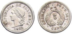 Colombia Republic 5 Centavos 1902 Philadelphia mint Silver UNC 1.3g KM# 191