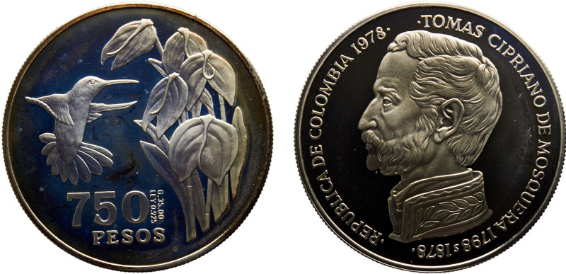 Colombia Republic 750 Pesos 1978 (Mintage 3100) Conservation,WWF, Tomas Cipriano...