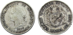 Colombia United States of Colombia 50 Centavos 1881 BOGOTA Bogota mint Silver XF 12.4g KM#177.1