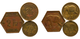 Congo Belgian colony Leopold III 1 Franc & 2 Francs 1943, 1944, 1946 3 Lots Brass XF 2.5g/4.9g/6.0g KM# 25, 26, 28