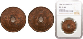 Congo Congo Free State Leopold II 5 Centimes 1894 Copper NGC MS63 RB KM# 3