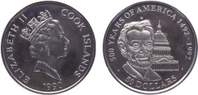 Cook Islands Dependency of New Zealand Elizabeth II 50 Dollars 1990 (Mintage 15000) 500 Years Of America, Abraham Lincoln Silver PF 31g KM# 48