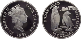 Cook Islands Dependency of New Zealand Elizabeth II 50 Dollars 1991 Pobjoy Mint(Mintage 25000) Conservation, Endangered Wildlife, Penguins Silver PF 1...