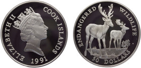 Cook Islands Dependency of New Zealand Elizabeth II 50 Dollars 1991 (Mintage 25000) Conservation, Endangered Wildlife, Fallow Deer Silver PF 19.6g KM#...
