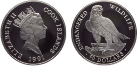 Cook Islands Dependency of New Zealand Elizabeth II 50 Dollars 1991 (Mintage 25000) Conservation, Endangered Wildlife, Peregrine Falcon Silver PF 19.6...