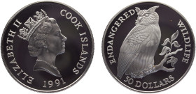 Cook Islands Dependency of New Zealand Elizabeth II 50 Dollars 1991 (Mintage 25000) Conservation, Endangered Wildlife, Eagle Owl Silver PF 19g KM# 93...
