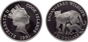 Cook Islands Dependency of New Zealand Elizabeth II 50 Dollars 1991 Conservation, Endangered Wildlife, Cougar and cub Silver PF 19.4g KM# 125