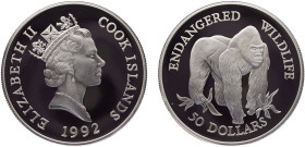 Cook Islands Dependency of New Zealand Elizabeth II 50 Dollars 1992 (Mintage 25000) Conservation, Endangered Wildlife, Lowland Gorilla Silver PF 19.1g...