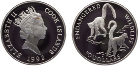 Cook Islands Dependency of New Zealand Elizabeth II 50 Dollars 1992 (Mintage 25000) Conservation, Endangered Wildlife, Ring-tailed lemurs Silver PF 19...