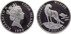 Cook Islands Dependency of New Zealand Elizabeth II 5 Dollars 1996 (Mintage 15000) Conservation, Endangered Wildlife, Cheetah Silver PF 31.4g KM# 269...
