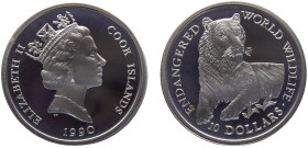 Cook Islands Dependency of New Zealand Elizabeth II 10 Dollars 1990 PM Pobjoy Mint(Mintage 25000) Conservation, Endangered Wildlife, Tiger Silver PF 1...