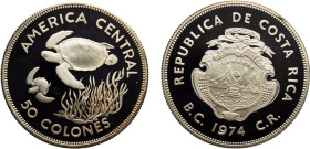 Costa Rica Second Costa Rican Republic 50 Colones 1974 Royal mint(Mintage 11000) Conservation Series, Green turtles Silver PF 29g KM# 200a