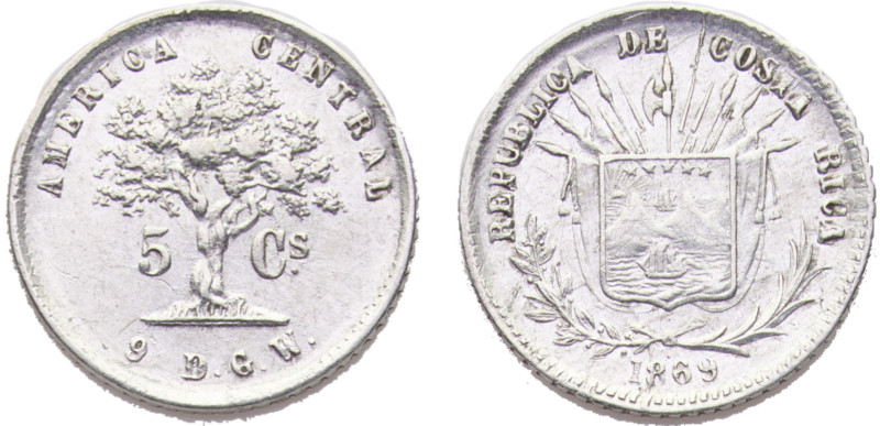 Costa Rica First Costa Rican Republic 5 Centavos 1869 GW San José mint Silver AU...