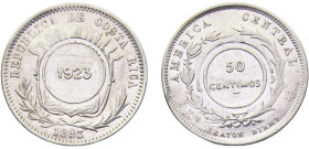 Costa Rica First Costa Rican Republic 50 Centimos 1923 (1893) HB Heaton's Mint Counterstamped Coinage Silver AU 6.3g KM# 159