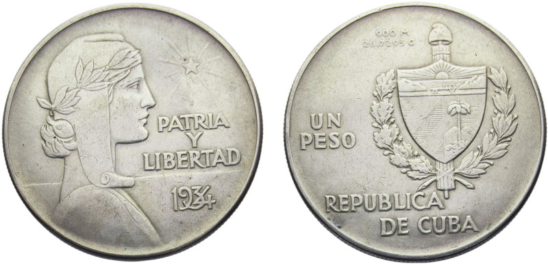 Cuba First Republic 1 Peso 1934 Philadelphia mint "ABC Peso" Silver AU 26.8g KM#...