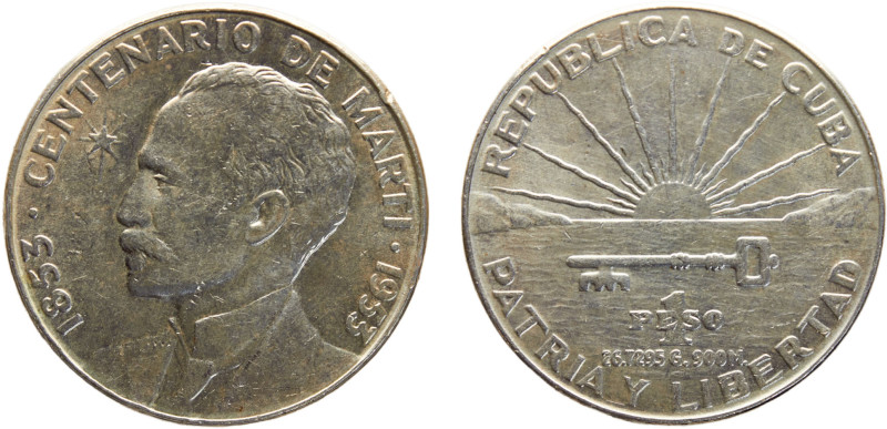 Cuba First Republic 1 Peso 1953 Philadelphia mint 100th. Anniversary of José Mar...