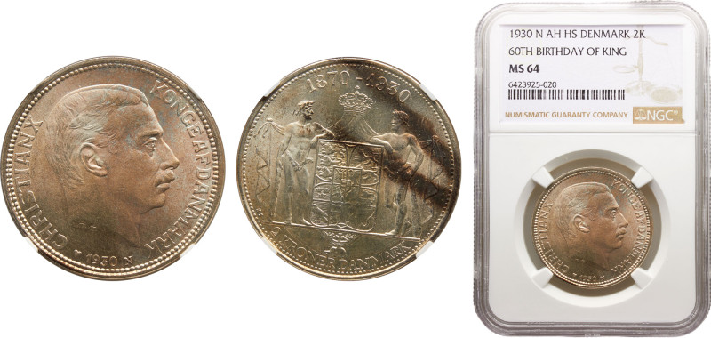 Denmark Kingdom Christian X 2 Kroner 1930 N; AH/HS Copenhagen mint King Christia...