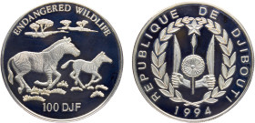 Djibouti Republic 100 Francs 1994 (Mintage 15000) Conservation, Endangered Wildlife, Zebra Silver PF 31.7g KM# 32