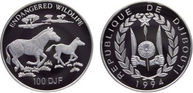 Djibouti Republic 100 Francs 1994 (Mintage 15000) Conservation, Endangered Wildlife, Zebra Silver PF 31.6g KM# 32