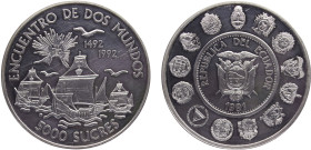 Ecuador Republic 5000 Sucres 1991 (Mintage 50000) Ibero-American Series I, Encounter of two Worlds Silver PF 27g KM# 95