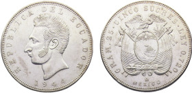 Ecuador Republic 5 Sucres 1944 Mo Mexico City mint Silver UNC 25g KM# 79