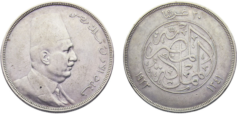 Egypt Kingdom Ahmed Fuad I 20 Qirsh AH1341 (1923) Royal mint Silver XF 27.9g KM#...