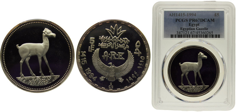 Egypt Arab Republic 5 Pounds AH1415 (1994) Egyptian Gazelle Silver PCGS PR67 KM#...