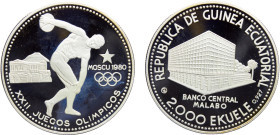 Equatorial Guinea Republic 2000 Ekuele 1979 CHI Balerna mint(Mintage 11000) 1980 Moscow Olympics Silver PF 31.1g KM# 37